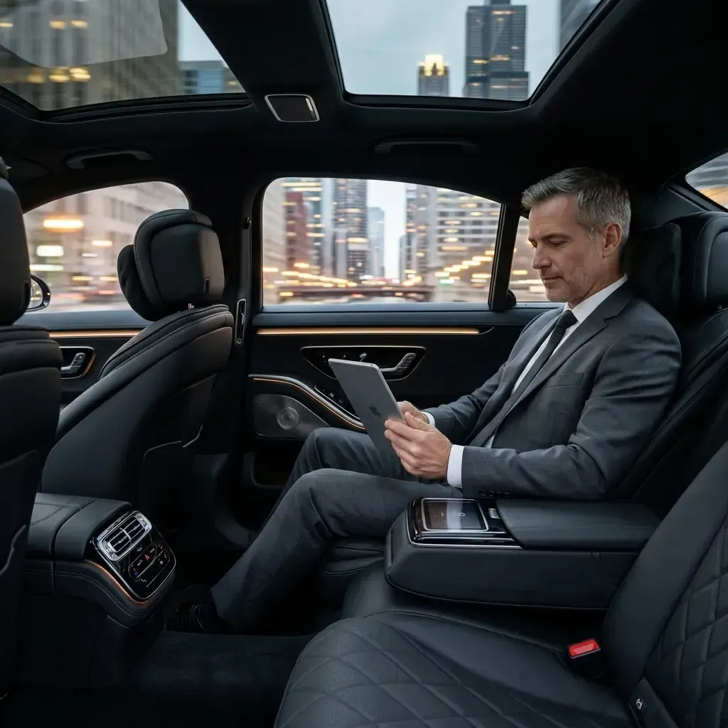 Executive in a suit reading a tablet in a luxury car with a city skyline at dusk