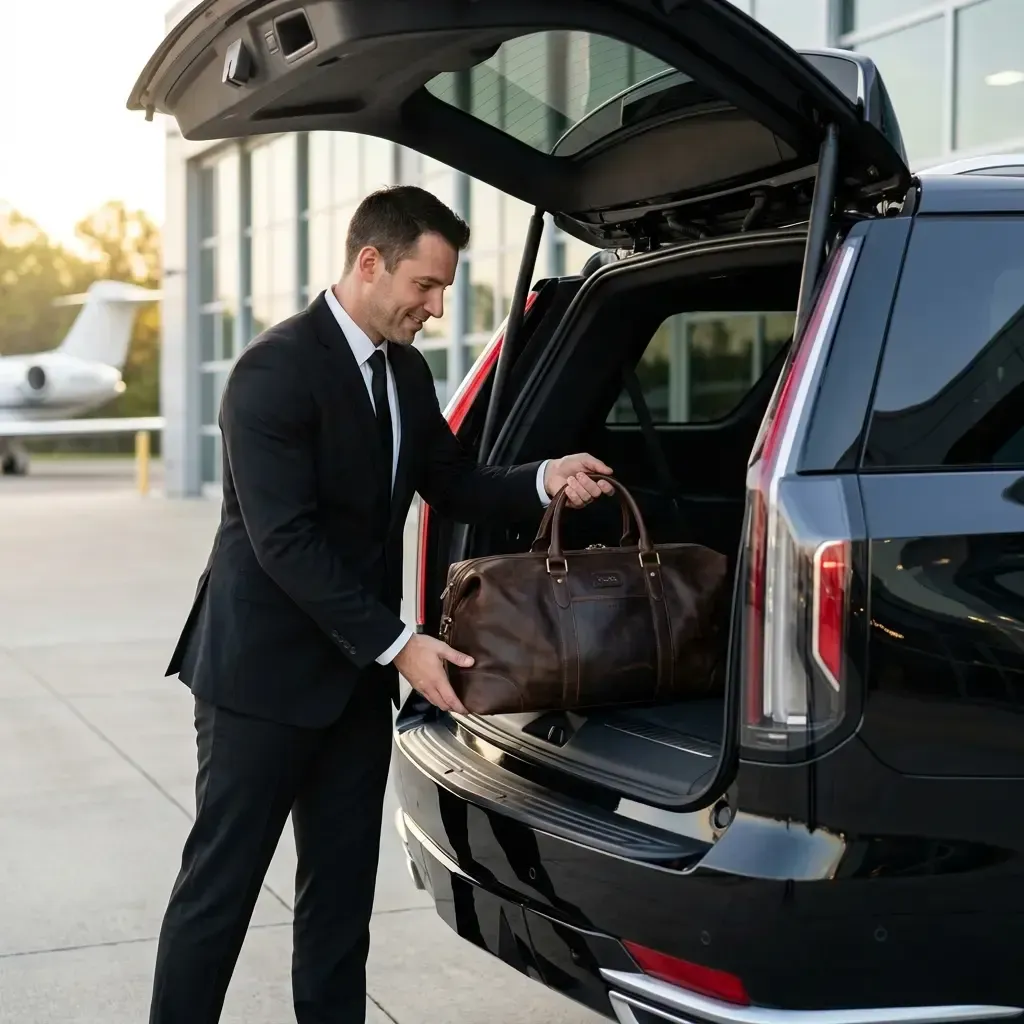 Chauffeur loading a clients luggage into an SUV at a private aviation base.