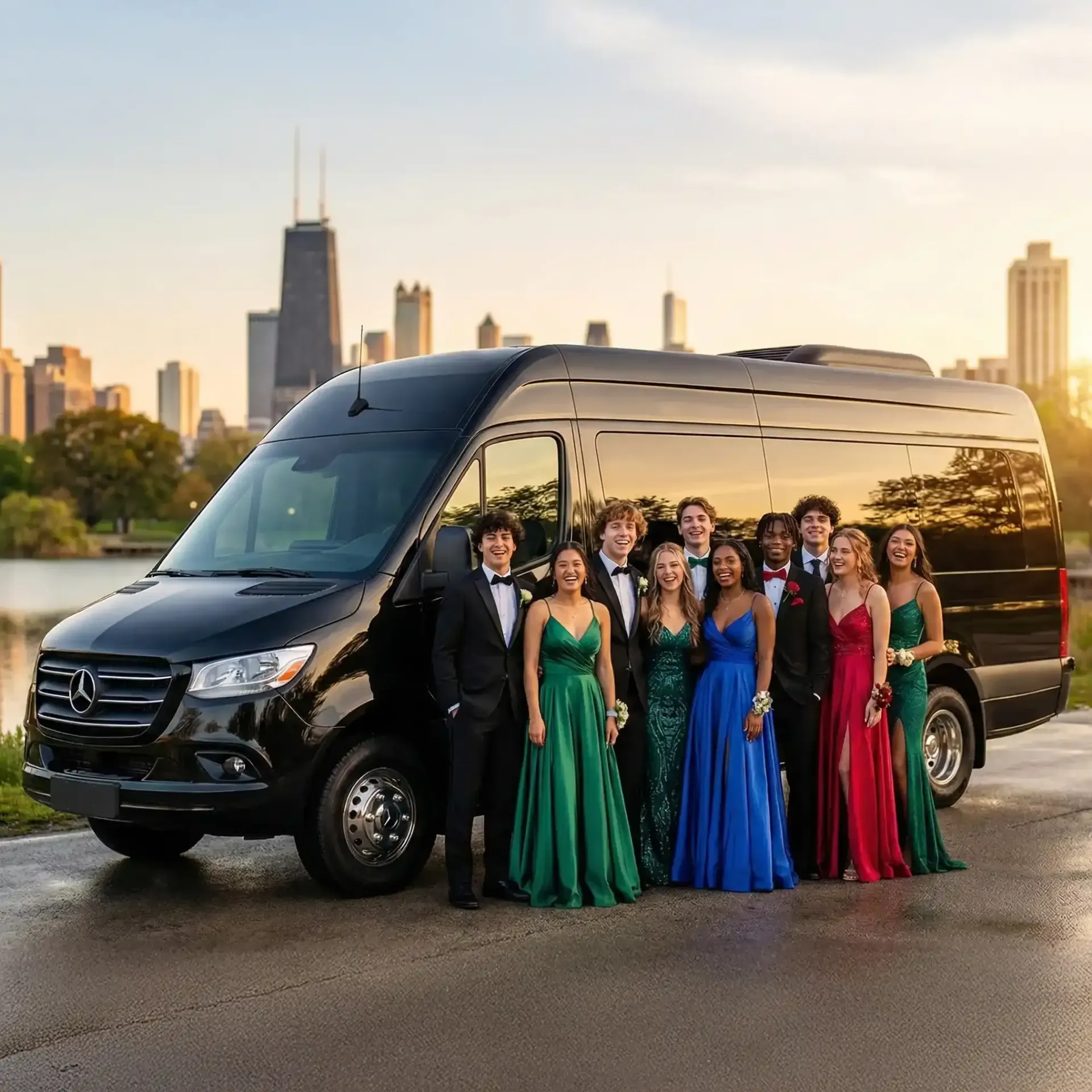 A group dressed in prom wear poses in front of a black van against the backdrop of the Chicago skyline at sunset.