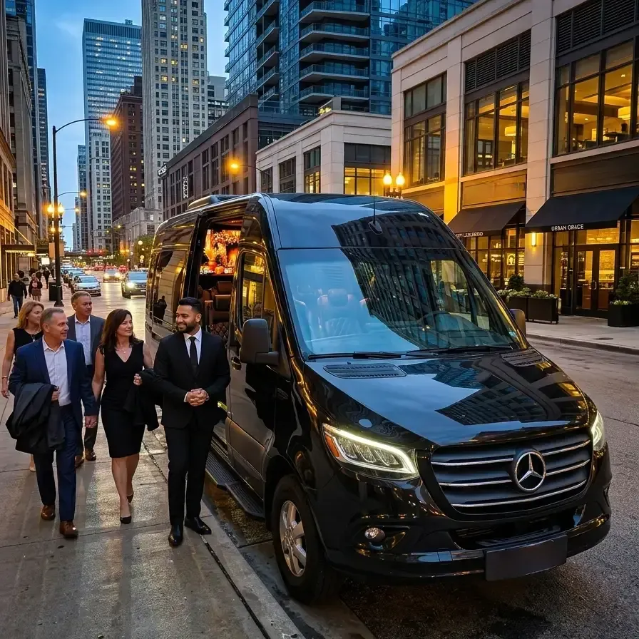 A group of people in formal attire exits a black Mercedes-Benz Sprinter van parked on an urban city street at dusk.