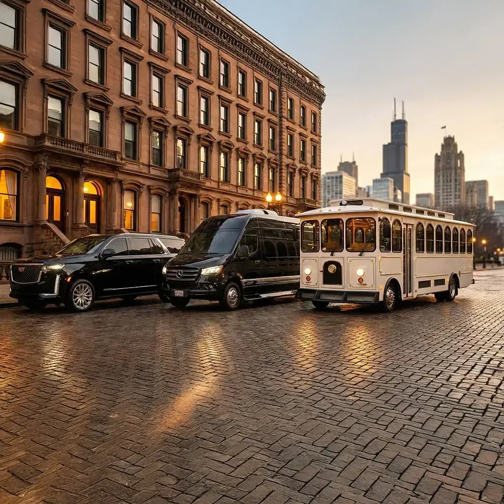 A black car, a black van, and a white trolley parked on a cobblestone street before Chicago city buildings at sunset.