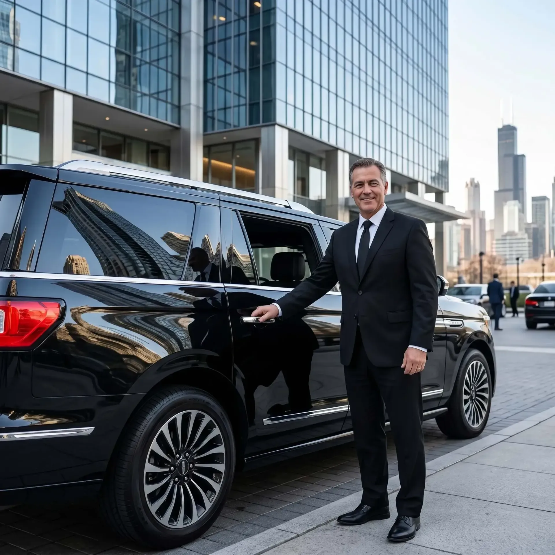 Chauffeur in a black suit standing beside a black SUV in front of a glass office building in Chicago.