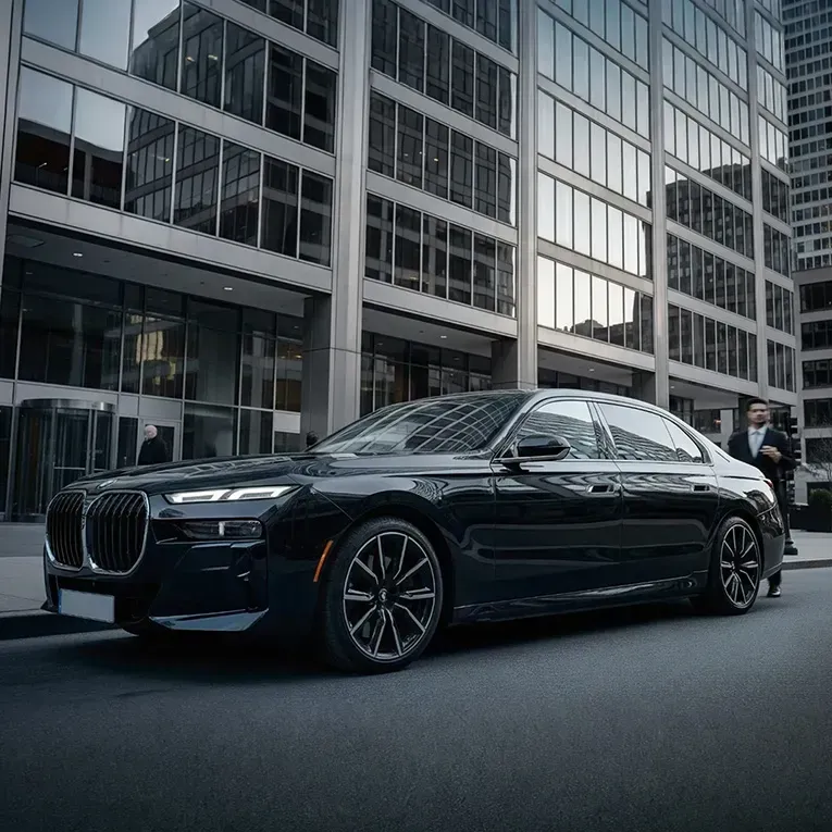 Black BMW sedan parked in front of a modern high-rise building in Chicago; a chauffeur stands nearby.