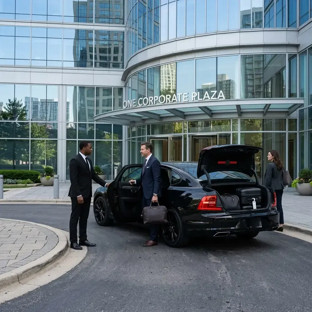 A chauffeur standing by a black car with an open trunk in front of a modern glass office building labeled Corporate Plaza.