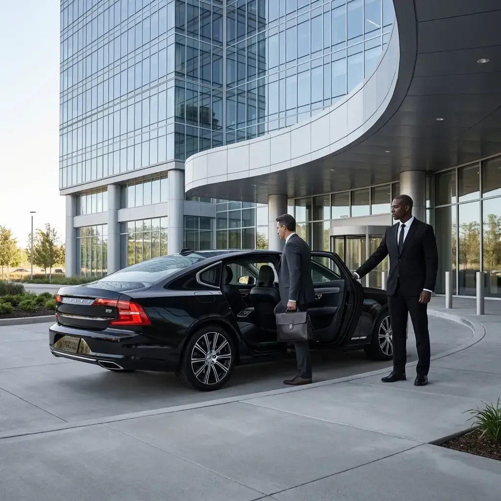 A chauffeur in a suit holds open the door of a black sedan for a professional passenger outside a modern office building.