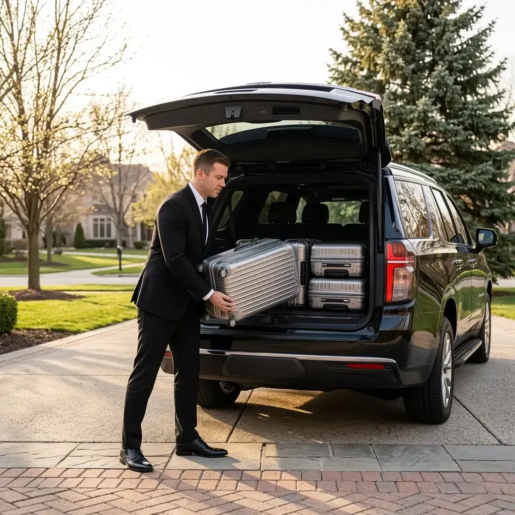 A person in a suit loading a silver suitcase into the back of a black SUV parked on a paved driveway in Elburn.