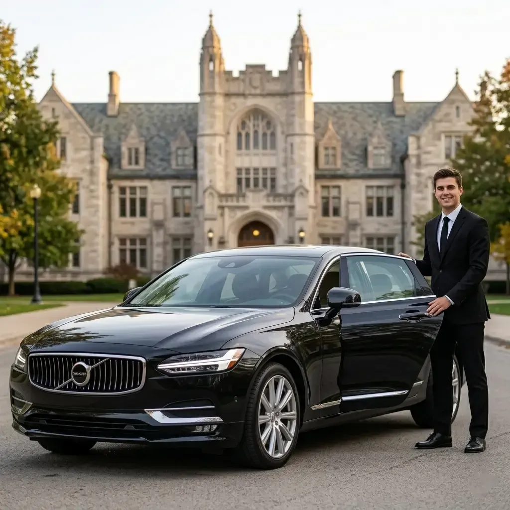 Man in suit standing beside a black luxury sedan in front of a grand stone building