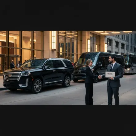 A chauffeur shakes hands with a passenger outside a hotel, with a black Cadillac SUV and a shuttle van in the background.