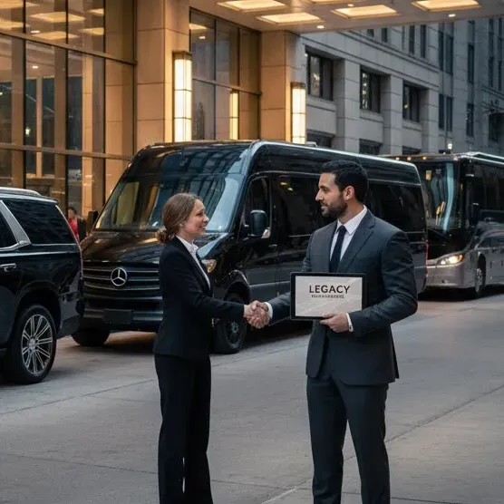 A Chauffeur in a suit shakes hands with a event coordinator holding a