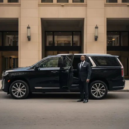 Man in suit stands beside a black SUV with open door in front of a Chicago building.