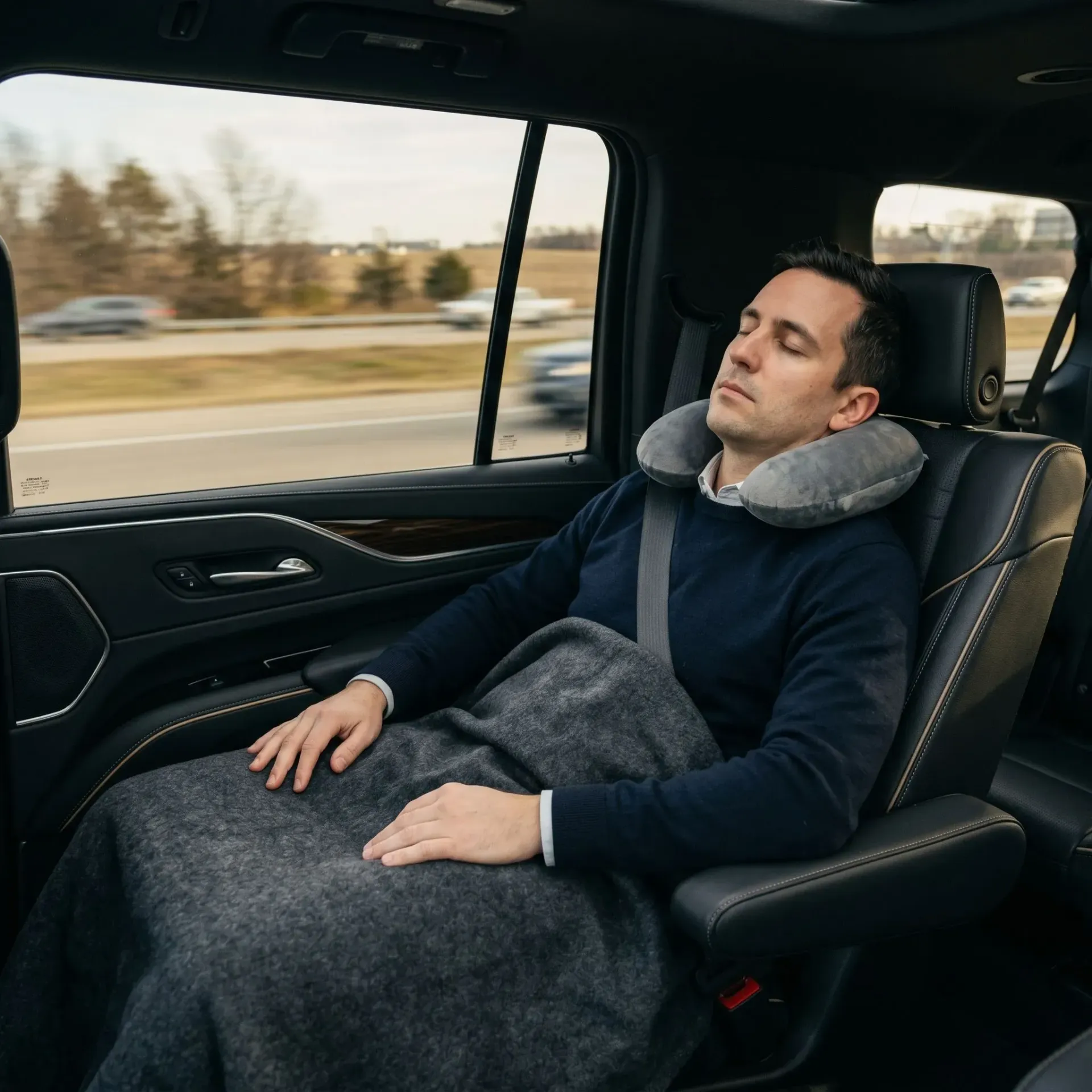 Executive sleeping in the back seat of a car, covered with a gray blanket and neck pillow.