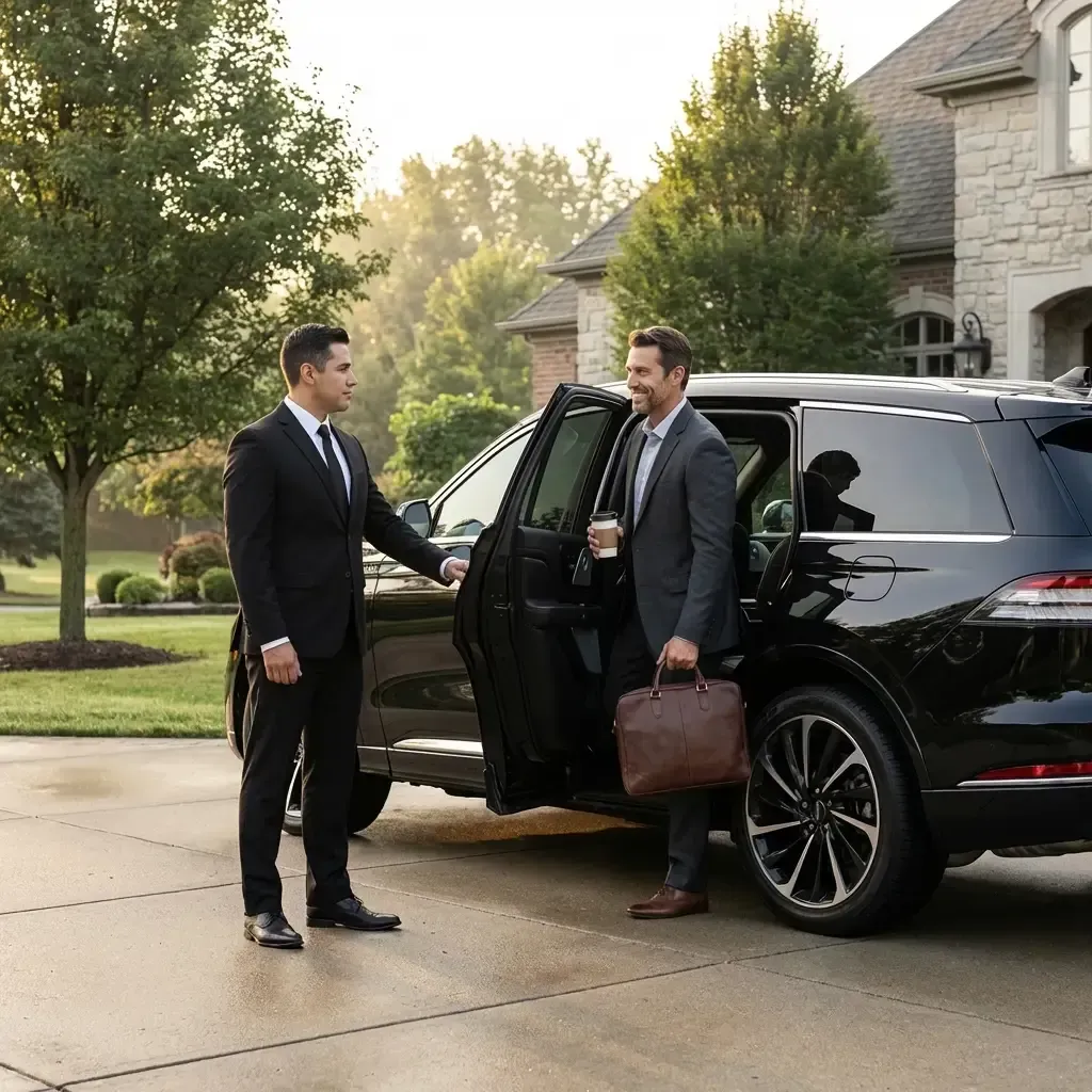 A chauffeur holds the door of a black SUV for a passenger stepping out with a leather briefcase in the Western Suburbs.