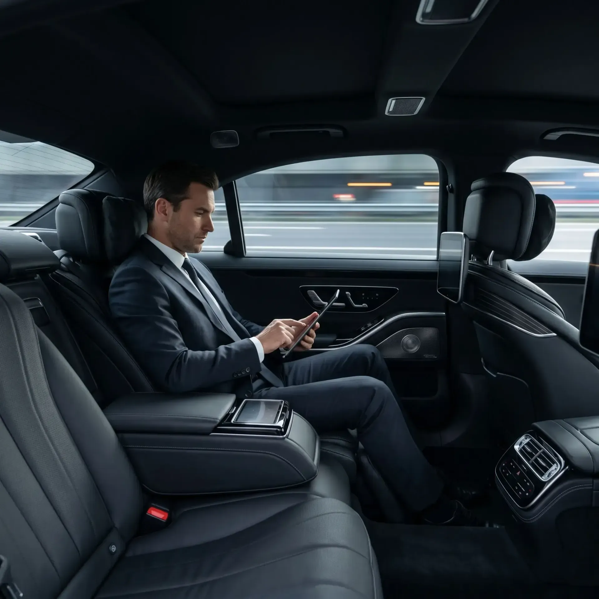 A professional works on a laptop in the back seat of a modern vehicle with a panoramic sunroof and city views outside.