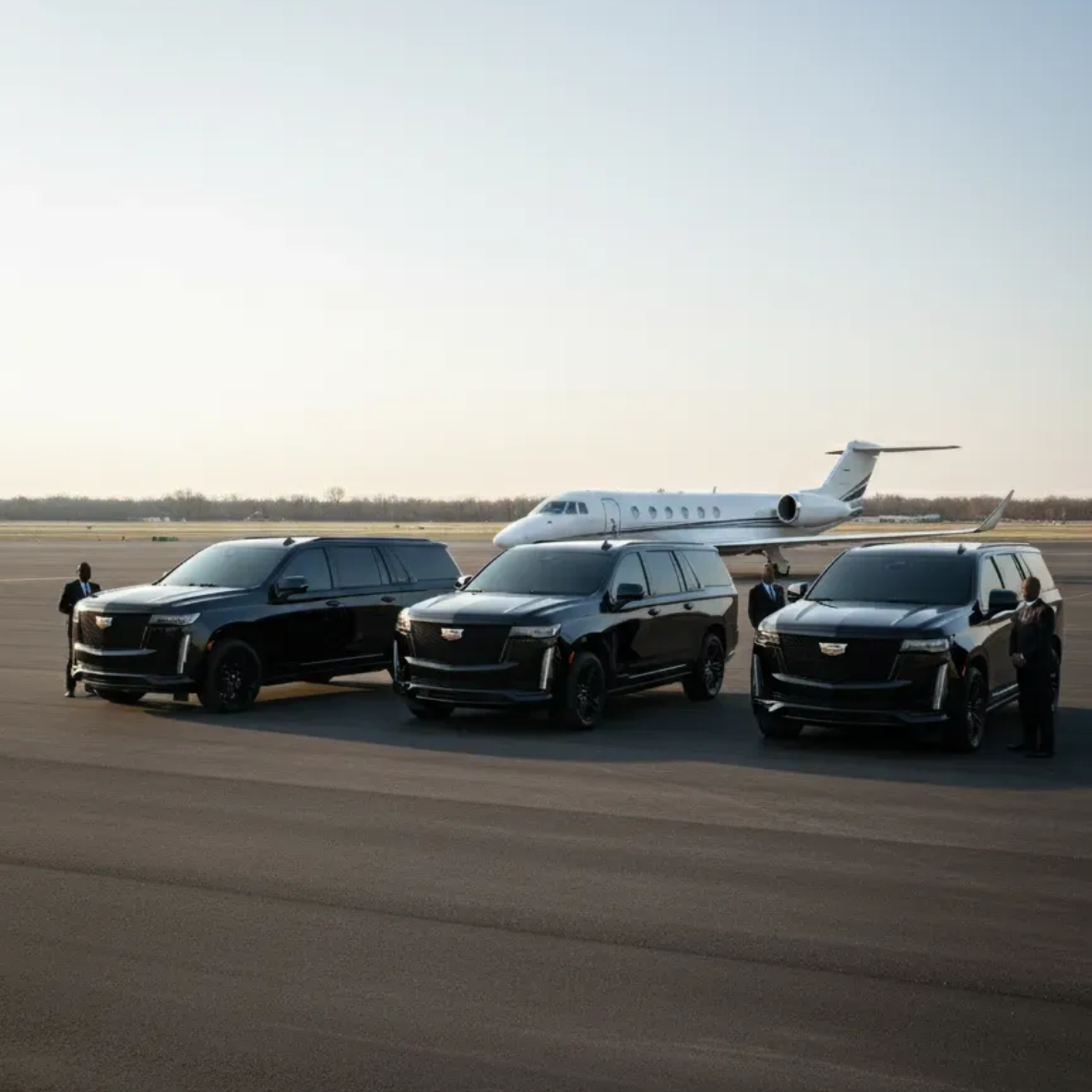 Three black Cadillac SUVs parked on an airport tarmac in front of a private jet with chauffeurs standing by.