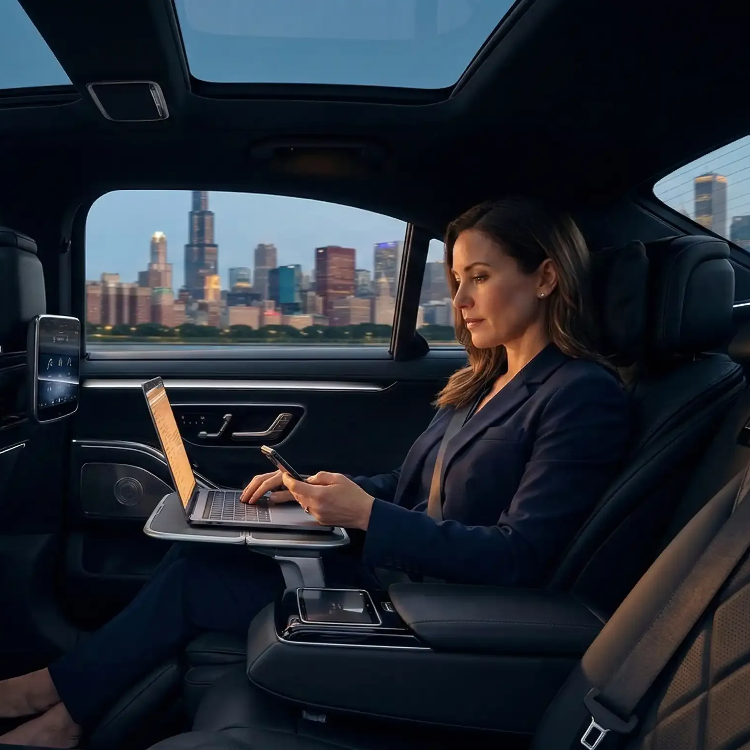 Woman in suit works on laptop in luxury car, Chicago skyline visible.