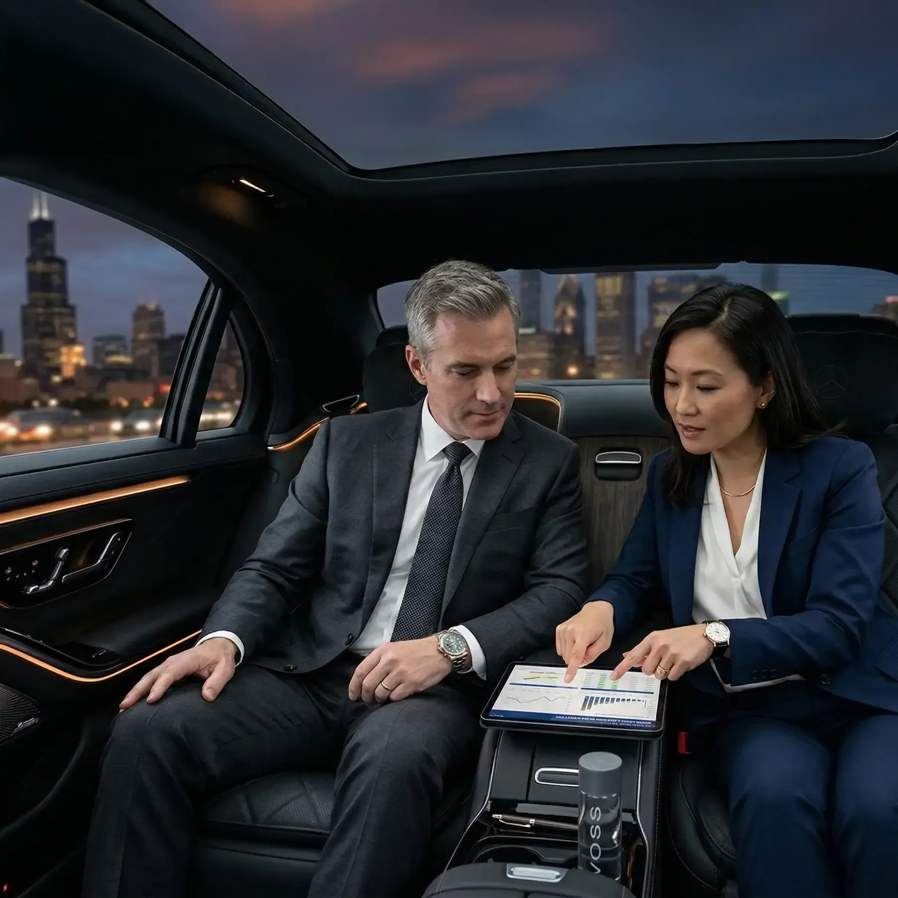 Two business people reviewing documents in a car with a city of Chicago skyline view.