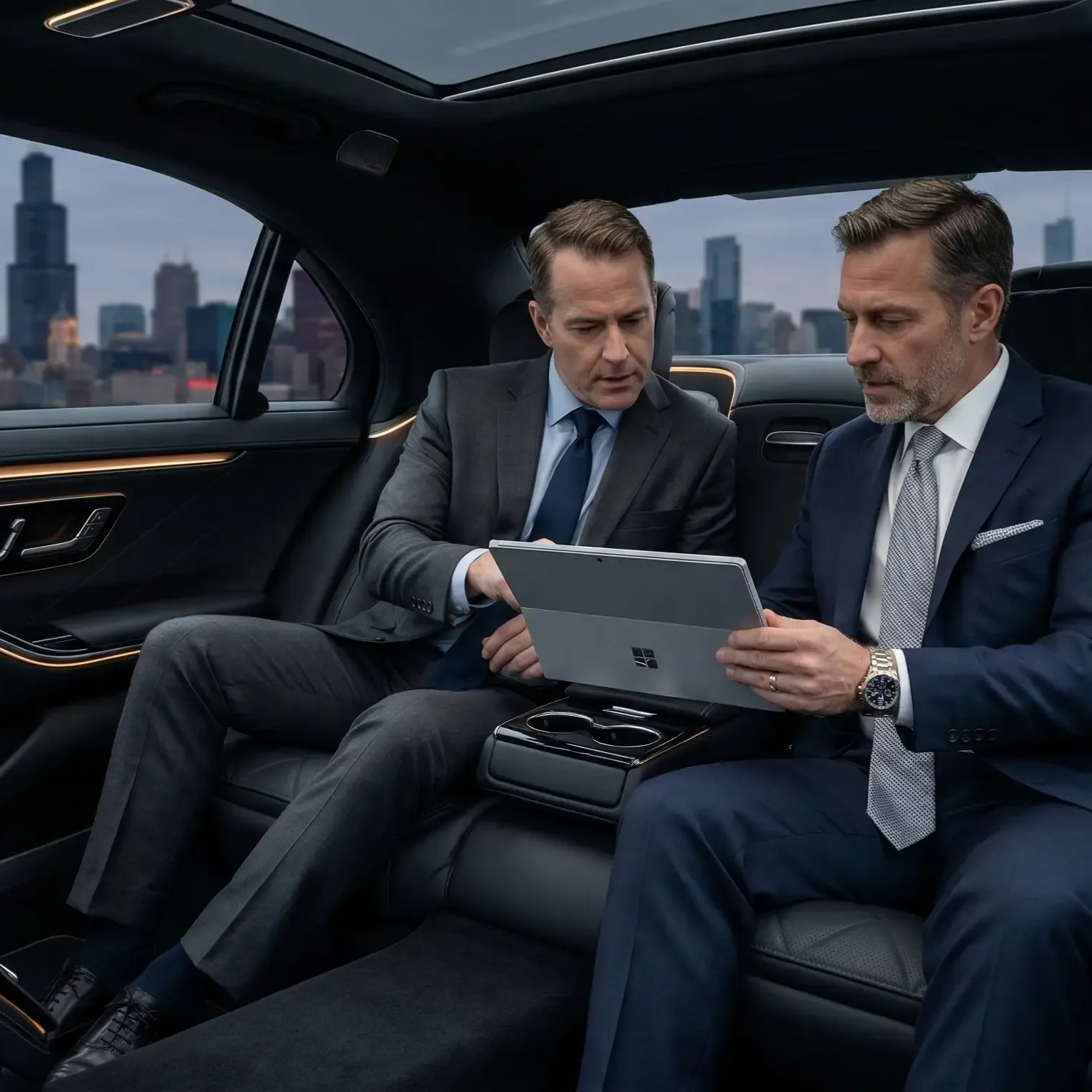 Two Executives in suits discuss work on a tablet while sitting in the backseat of a car with a Chicago skyline outside.