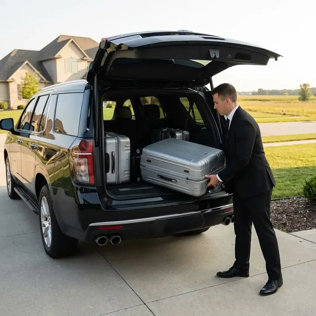 A professional driver loading luggage into the open trunk of a black SUV parked at a suburban Far West Suburban home.