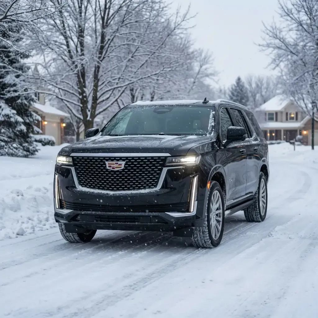 A black Cadillac Escalade SUV driving on a snowy suburban residential street.