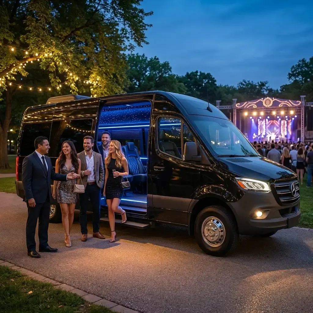 A group of people de-board a black luxury van at night in front of an outdoor music stage lit with colorful spotlights.