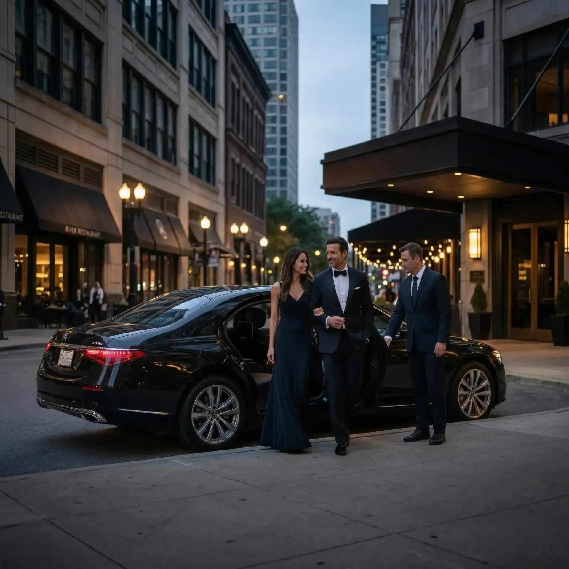 Couple exiting a black sedan in front of a Chicago hotel, valet assisting. Evening setting, city street.