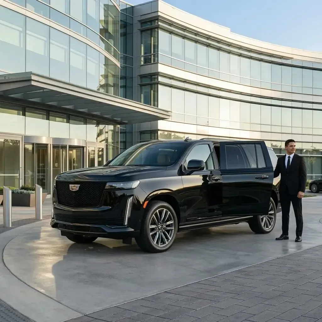 A black Cadillac SUV parked outside a modern glass office building with a chauffeur holding the rear door open in Lake Forest