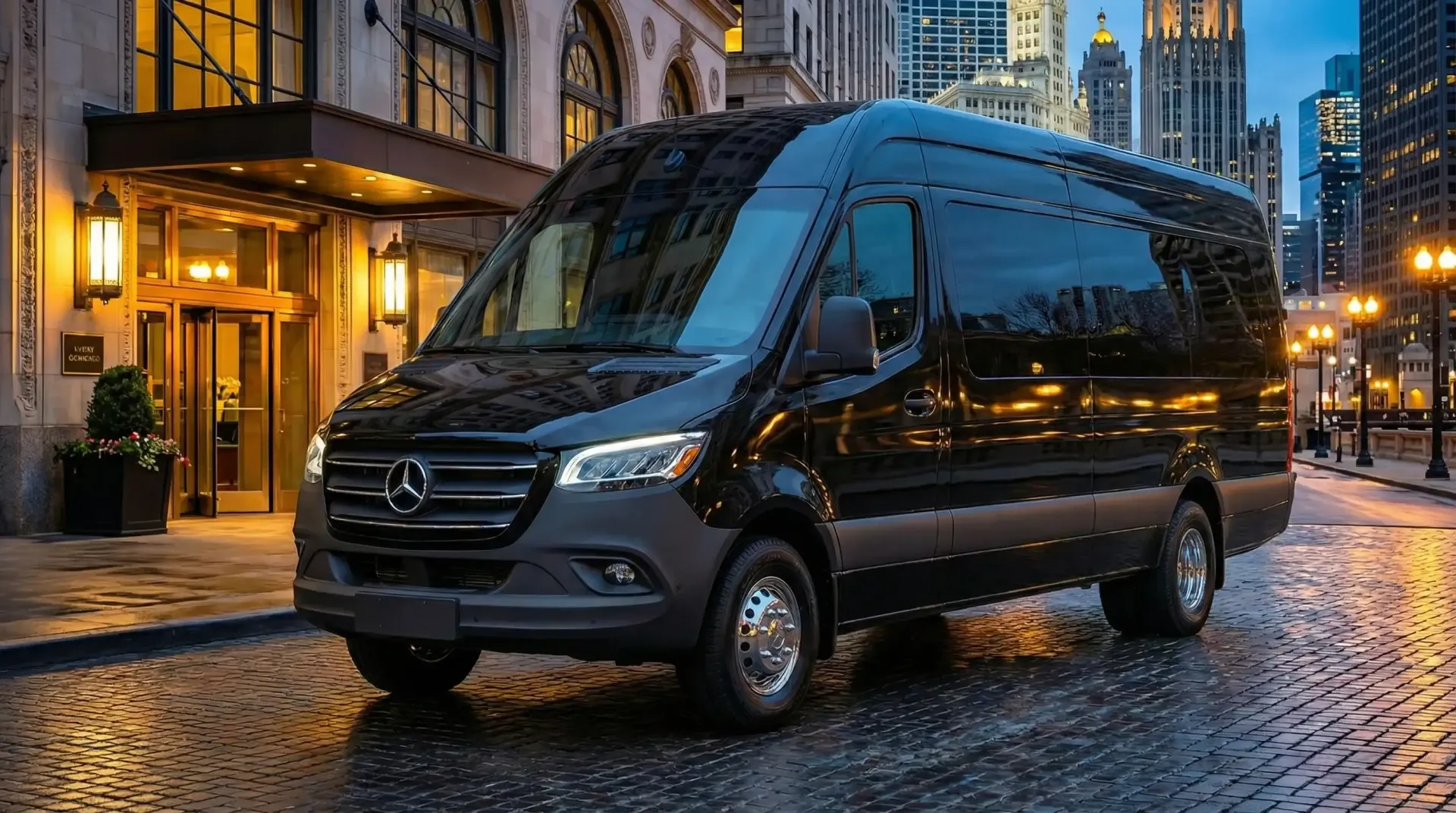 Black Mercedes-Benz Sprinter van parked in front of a building with gold accents, city background at dusk.