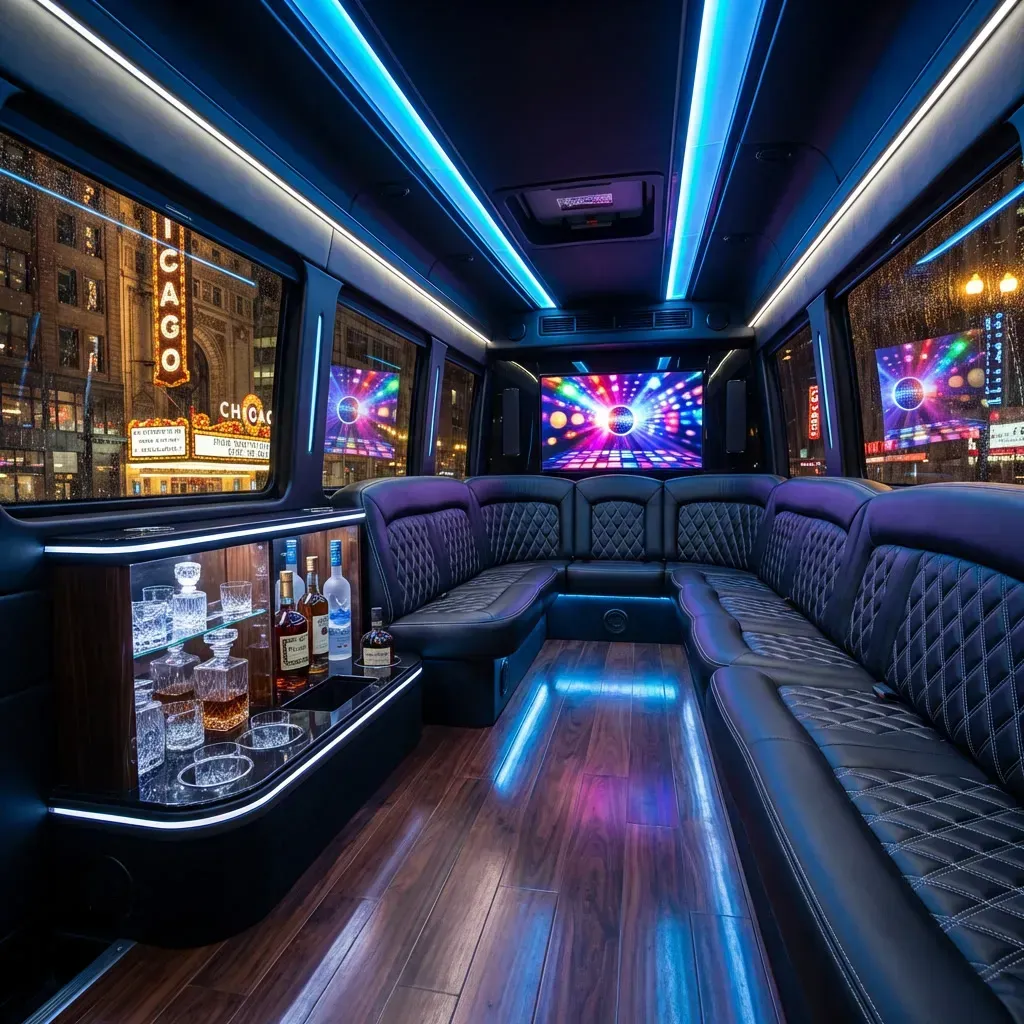 Inside of a luxury party bus with leather seating, bar, and neon blue lights. City lights visible outside the windows.