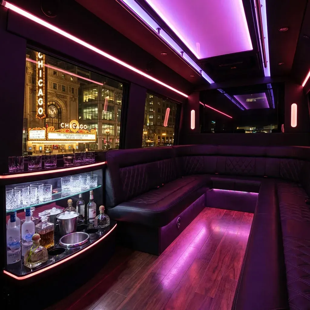Interior of a party bus with neon lights, a bar, and a view of the Chicago Theater.