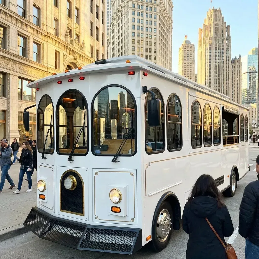 White trolley bus on a Chicago city street, tall buildings in the background, people walking around.