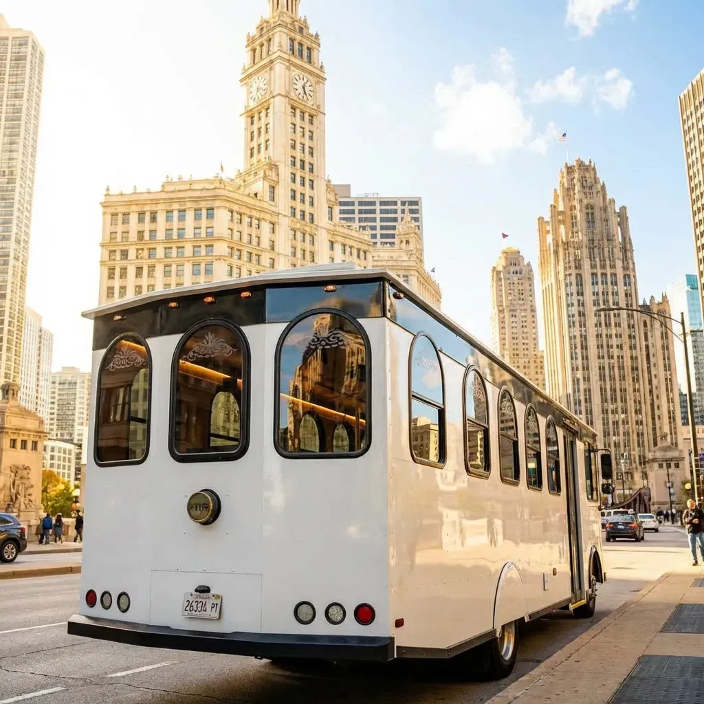 A white trolley bus driving down a Chicago street with the Wrigley Building and Tribune Tower in the background.