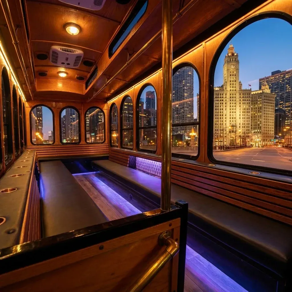 Interior of a trolley car with city views at dusk. Wooden paneling, illuminated windows, and seating.