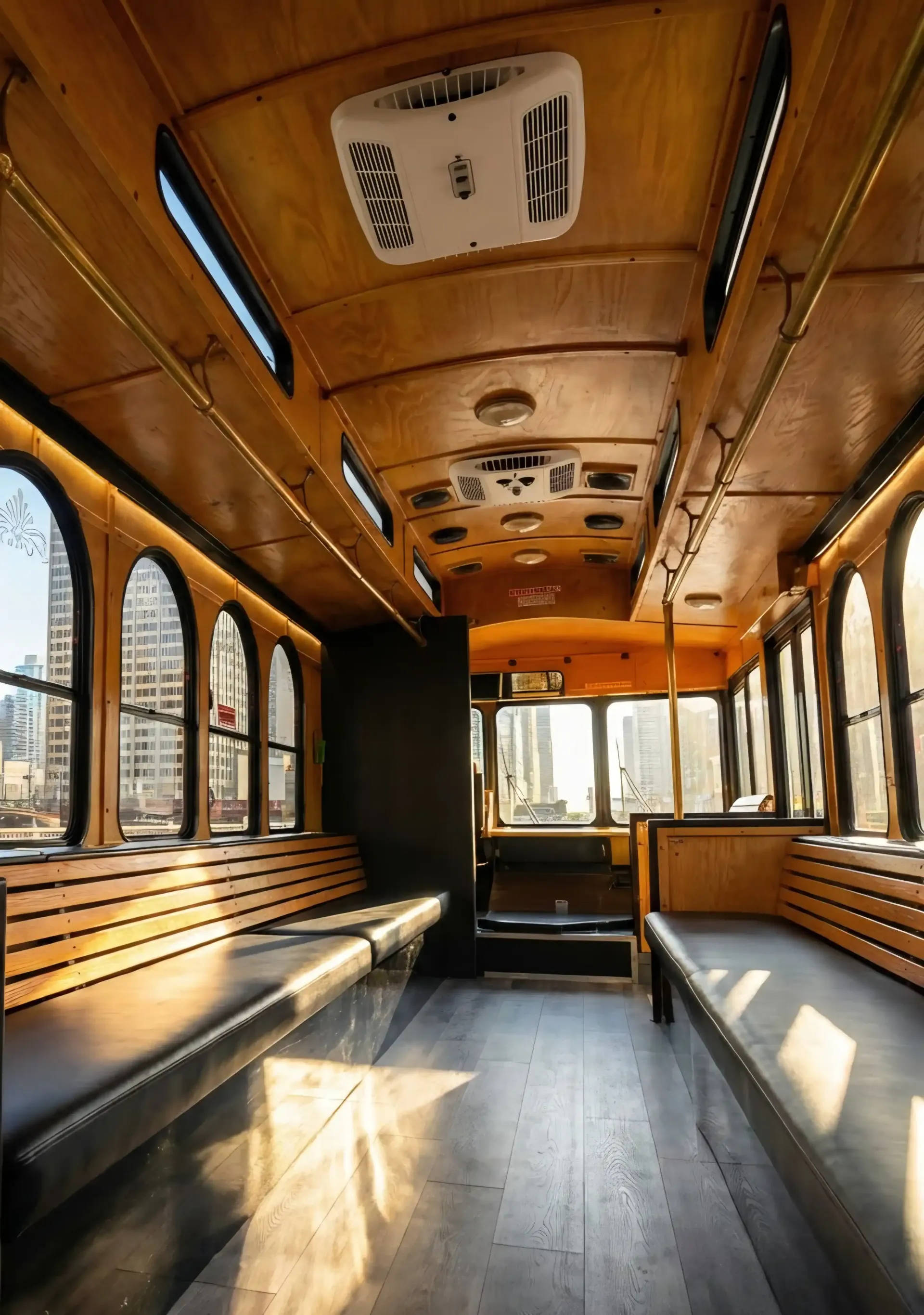 Interior of a vintage trolley with wooden benches and windows overlooking a city skyline.