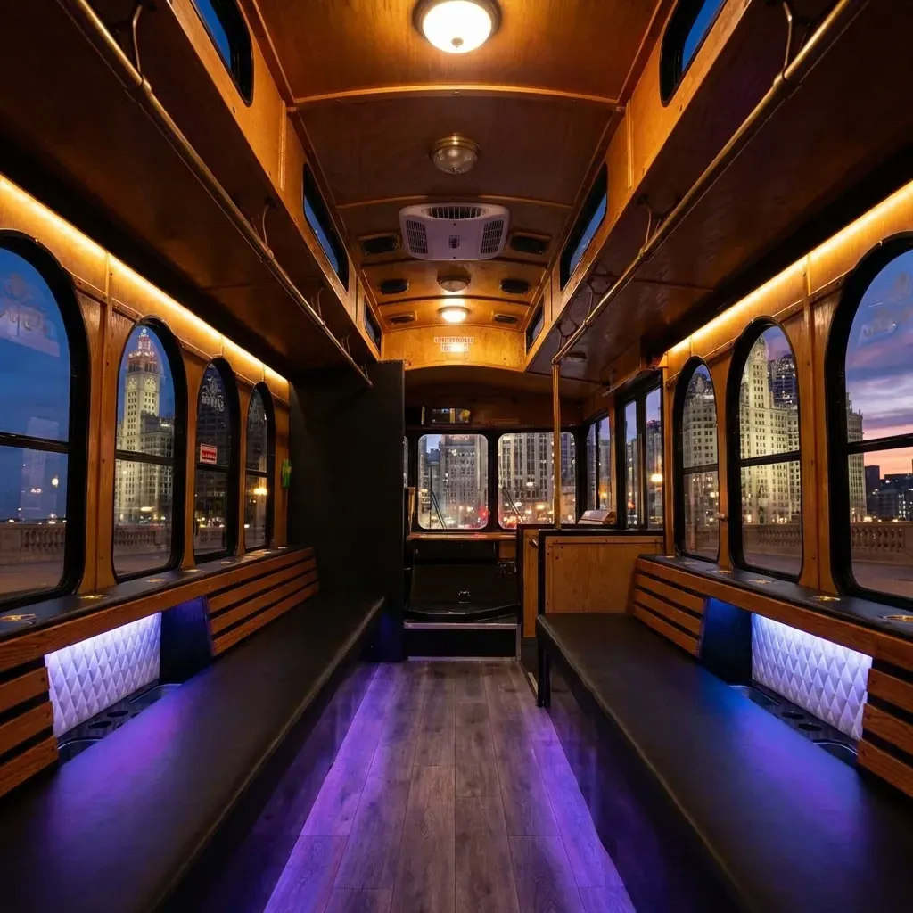 Interior of a trolley car with dark seating, purple under-lighting, and views of a city skyline through the windows.
