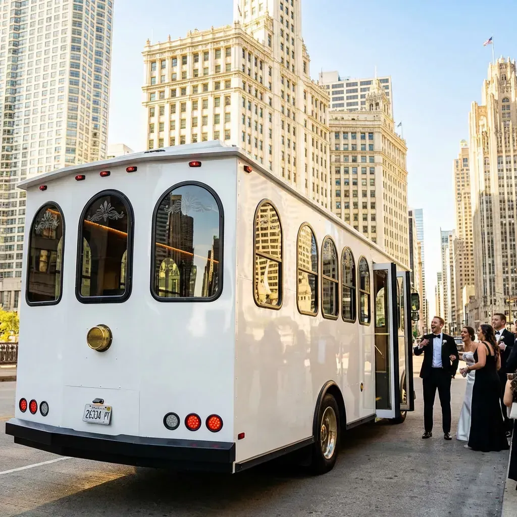 White trolley in a Chicago city street, wedding party standing near open doors, tall buildings in background.