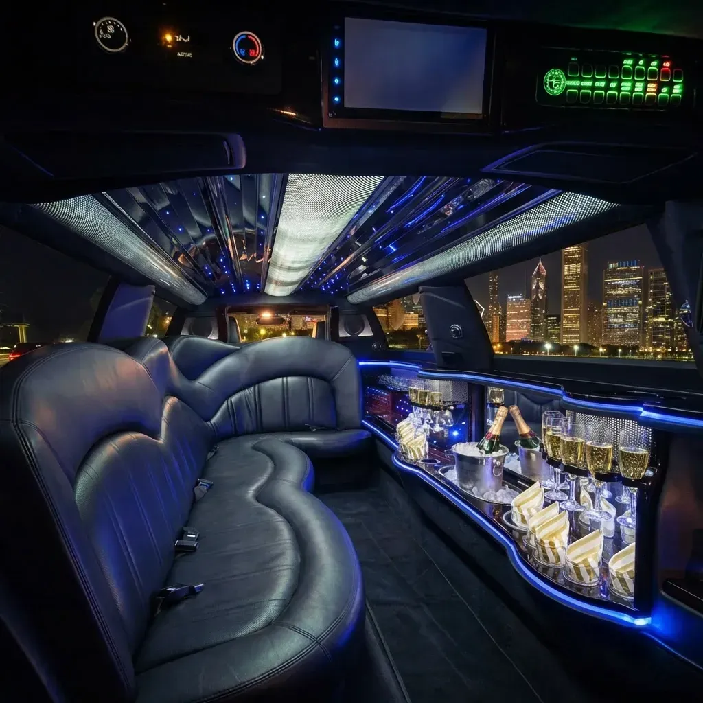 Interior of a limousine featuring blue ambient lighting, leather seating, a bar area, and a city of Chicago skyline view.