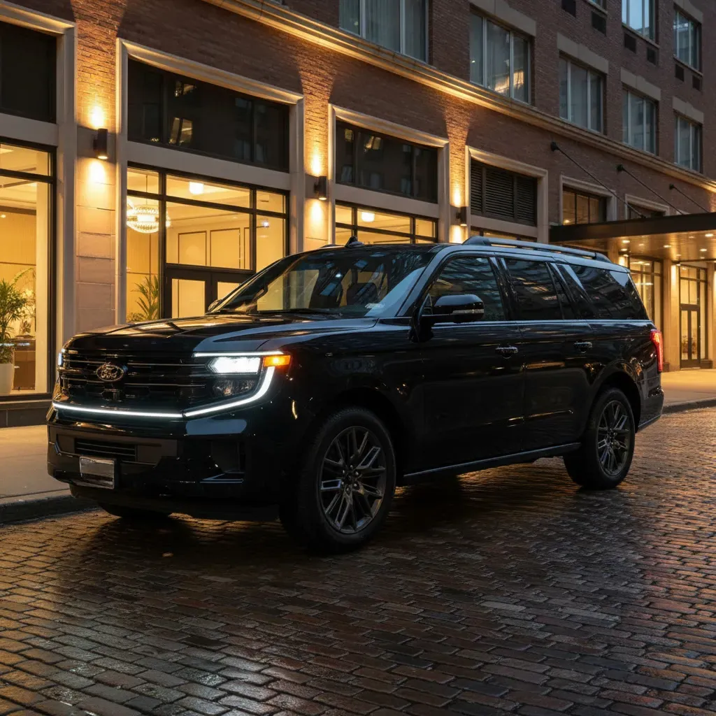 A black Ford Expedition SUV parked on a cobblestone street in front of a Chicago Hotel with warm exterior lighting at night.