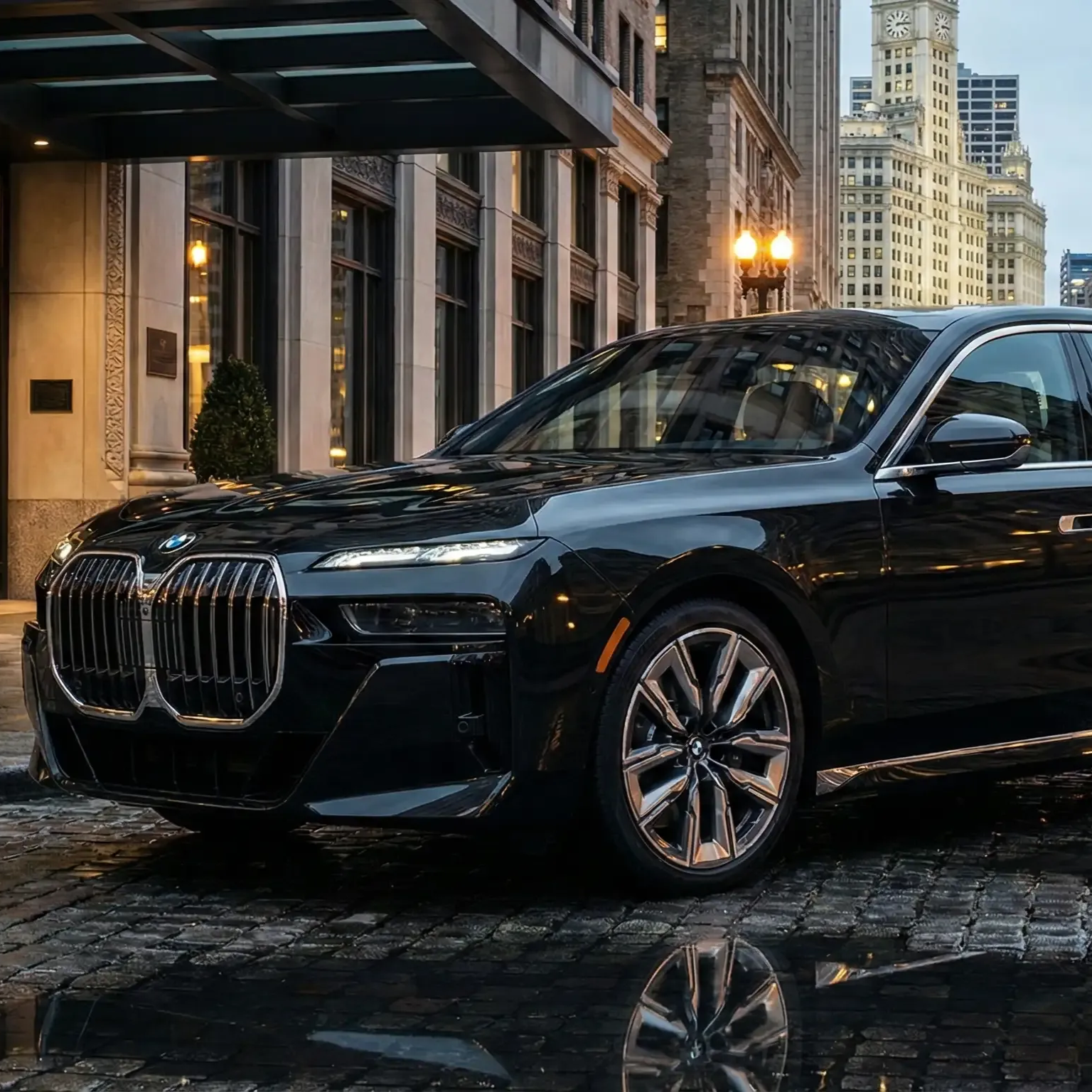 A black BMW 7 Series sedan parked on a cobblestone street in front of a Chicago Hotel at twilight.