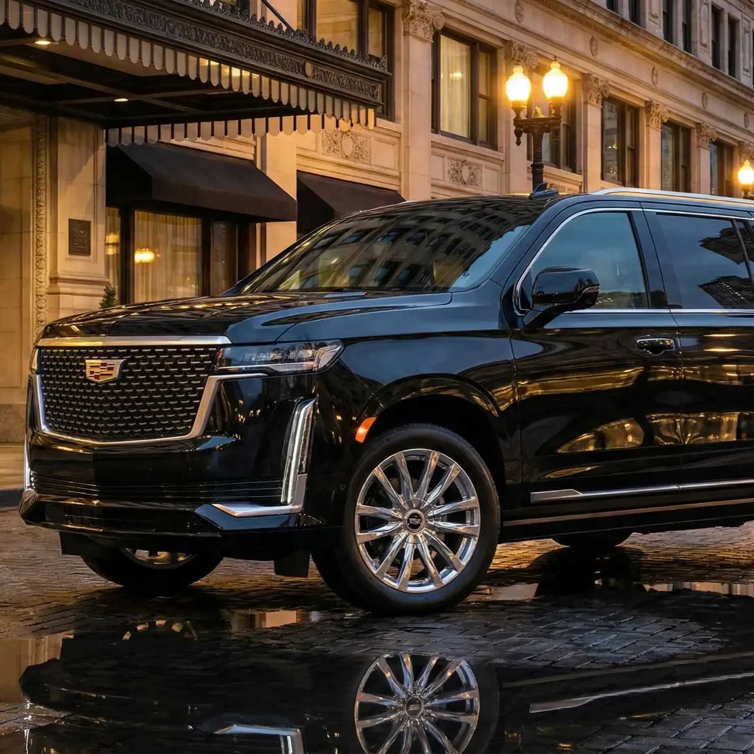 A black Cadillac Escalade parked on a wet cobblestone street in front of a Chicago Hotel with an ornate entryway.