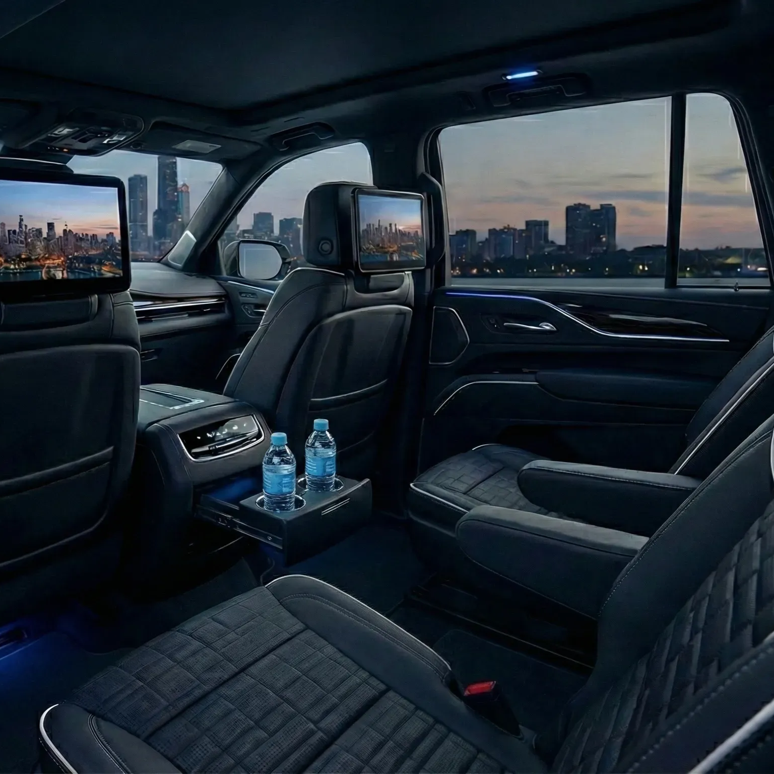 The luxurious interior of a Cadillac Escalade ESV featuring rear-seat entertainment screens and a city of Chicago view.
