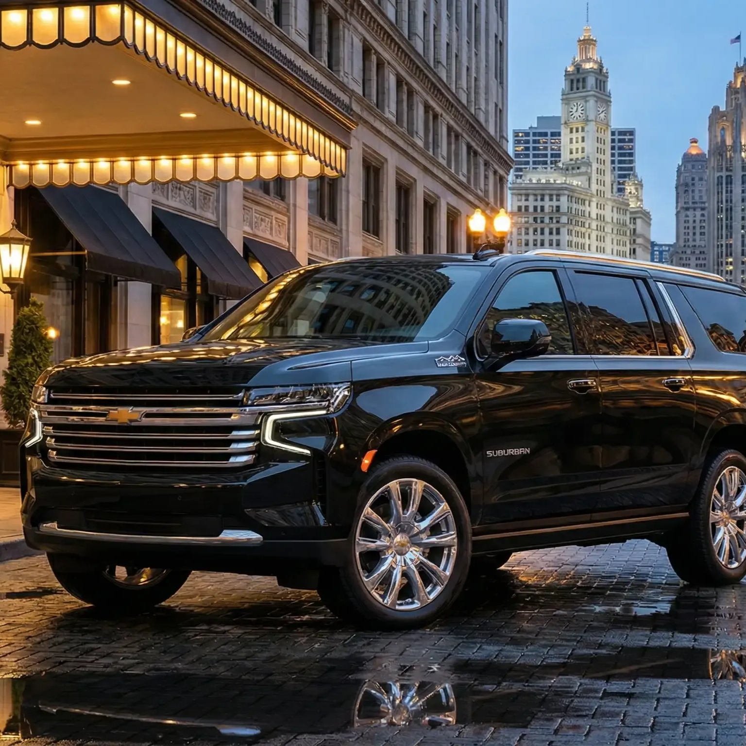 A sleek, black Chevrolet Suburban parked on a cobblestone street in front of a historic Chicago building at dusk.