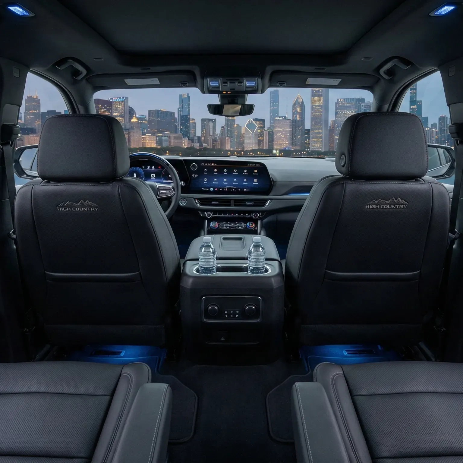 Interior view of a Chevrolet Suburban with black seats, a center console with two water bottles, and a city skyline.
