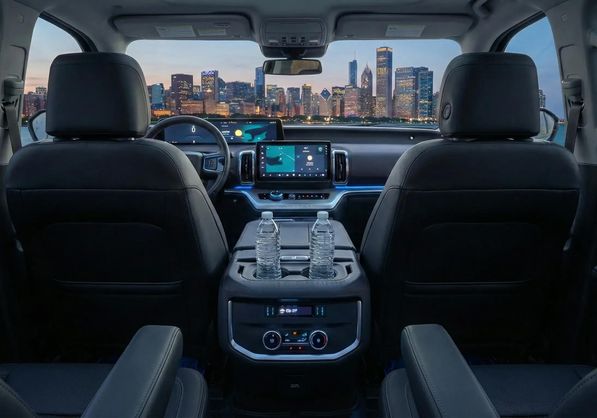 View from the back seat of a Ford Expedition Max SUV showing a digital dashboard and console overlooking a city skyline.