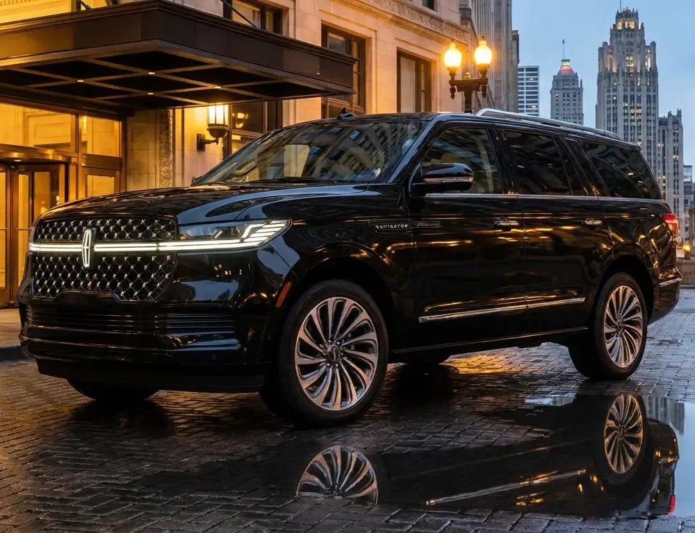 A sleek black Lincoln Navigator SUV parked on a wet city of Chicago street in front of a hotel at twilight.