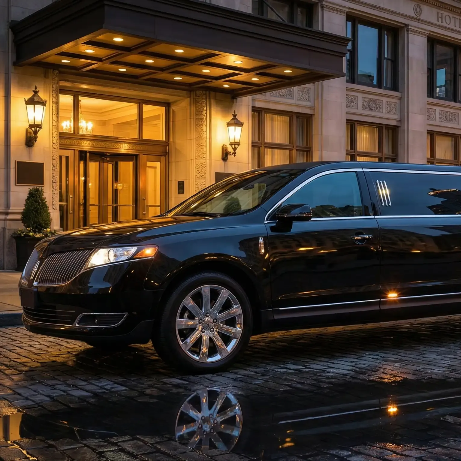 A black Lincoln MKT limousine in front of a Chicago hotel entrance with warm exterior lighting.