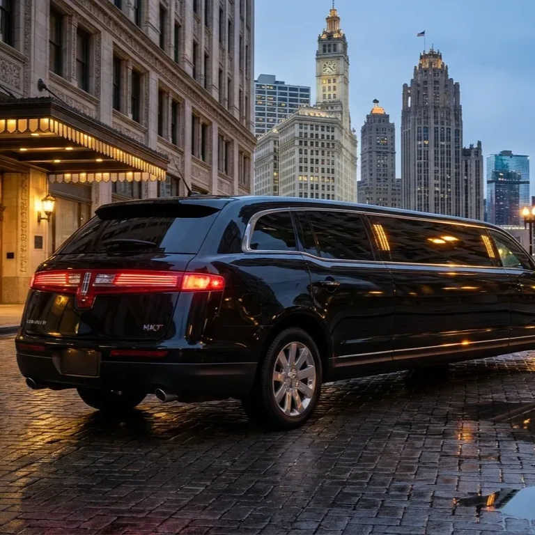 A black Lincoln MKT stretch limousine parked on a cobblestone street in front of a Chicago Hotel under a dim, twilight sky.