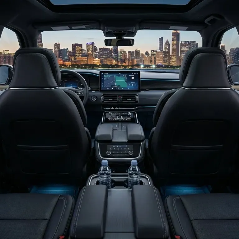 Interior view pf a Lincoln Navigator overlooking the center console, and a city skyline through the windshield.