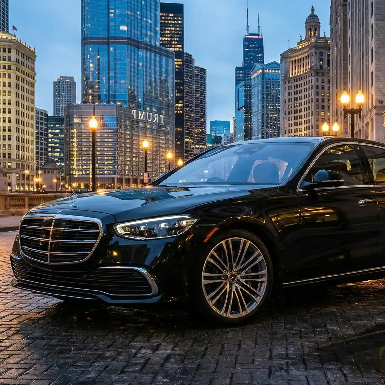 A black Mercedes-Benz sedan parked on a cobblestone street in front of illuminated Chicago skyscrapers at dusk.