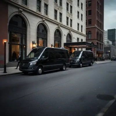Two black vans parked in front of a building with arched windows and a canopy in a city street.