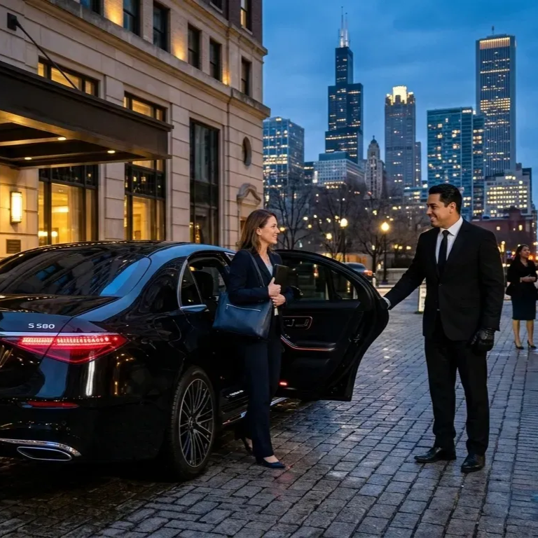 A chauffeur in a black suit opens the door of a black S 580 sedan for a passenger in front of a Chicago Hotel.